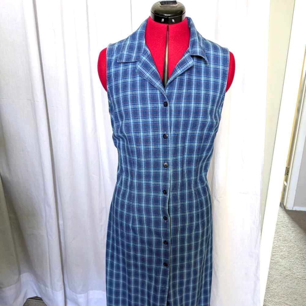 Faded Glory Blue Plaid Button Up Maxi Dress Large